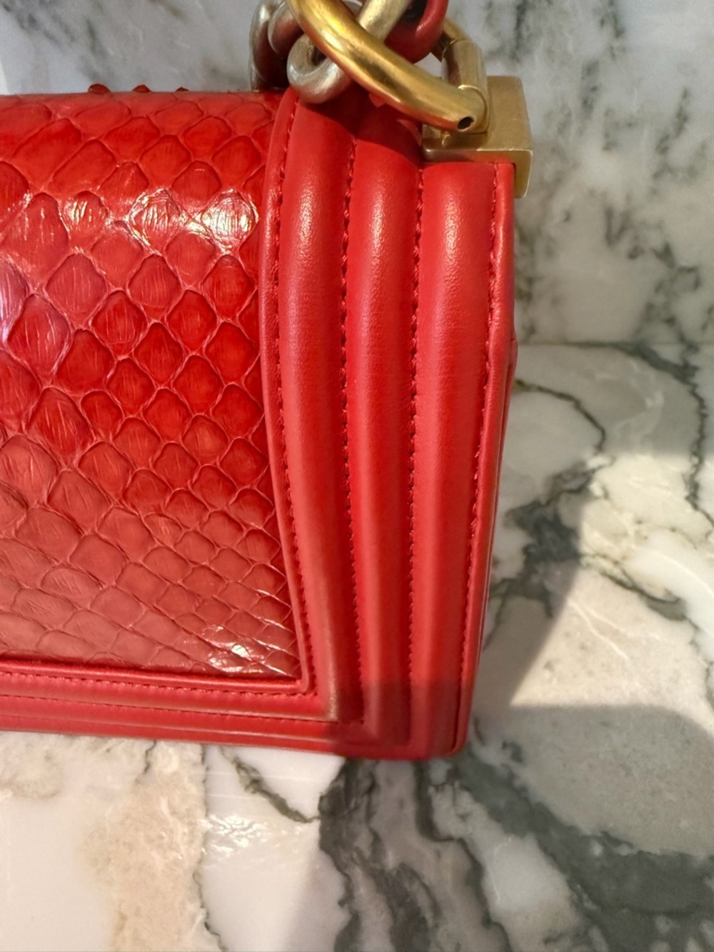 CHANEL Red Quilted Python Boy Bag with Gold-Tone Hardware - Picture 8 of 9